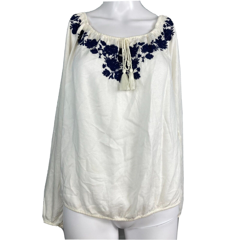 NWT Hollister Shirt Womens Sz M Ivory Floral Embroidered Peasant‎ Boho Tassel